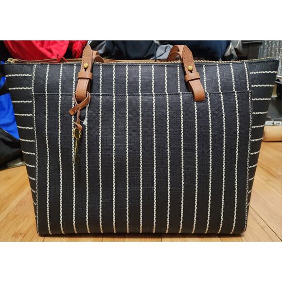 Fossil Women's Rachel Leather Printed Tote Bag Medium Black White Handbag Charm - Picture 8 of 16